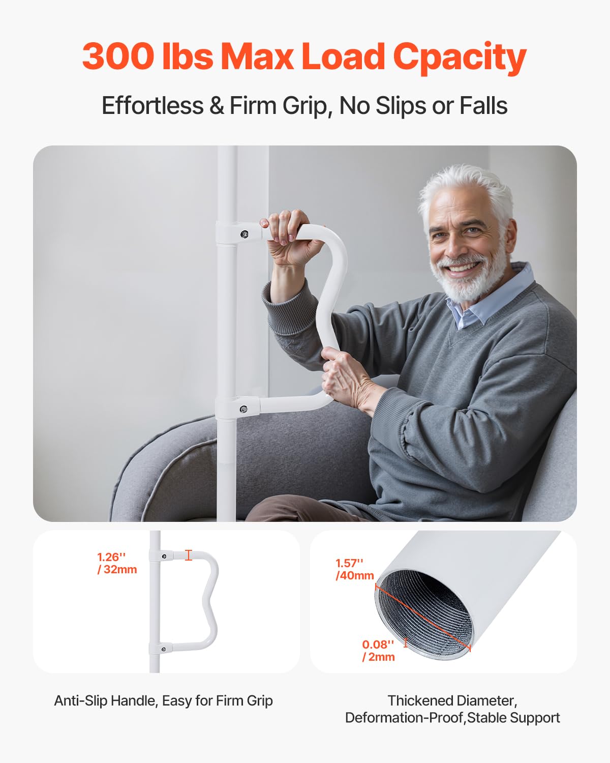 VEVOR Asta di Trasferimento dal Pavimento al Soffitto, Carico 136 kg Barra di Sostegno per Bagno Montata a Tensione con Maniglia Curva Antiscivolo, Asta di Sicurezza per Soffitti 2140 a 3050 mm Bianco