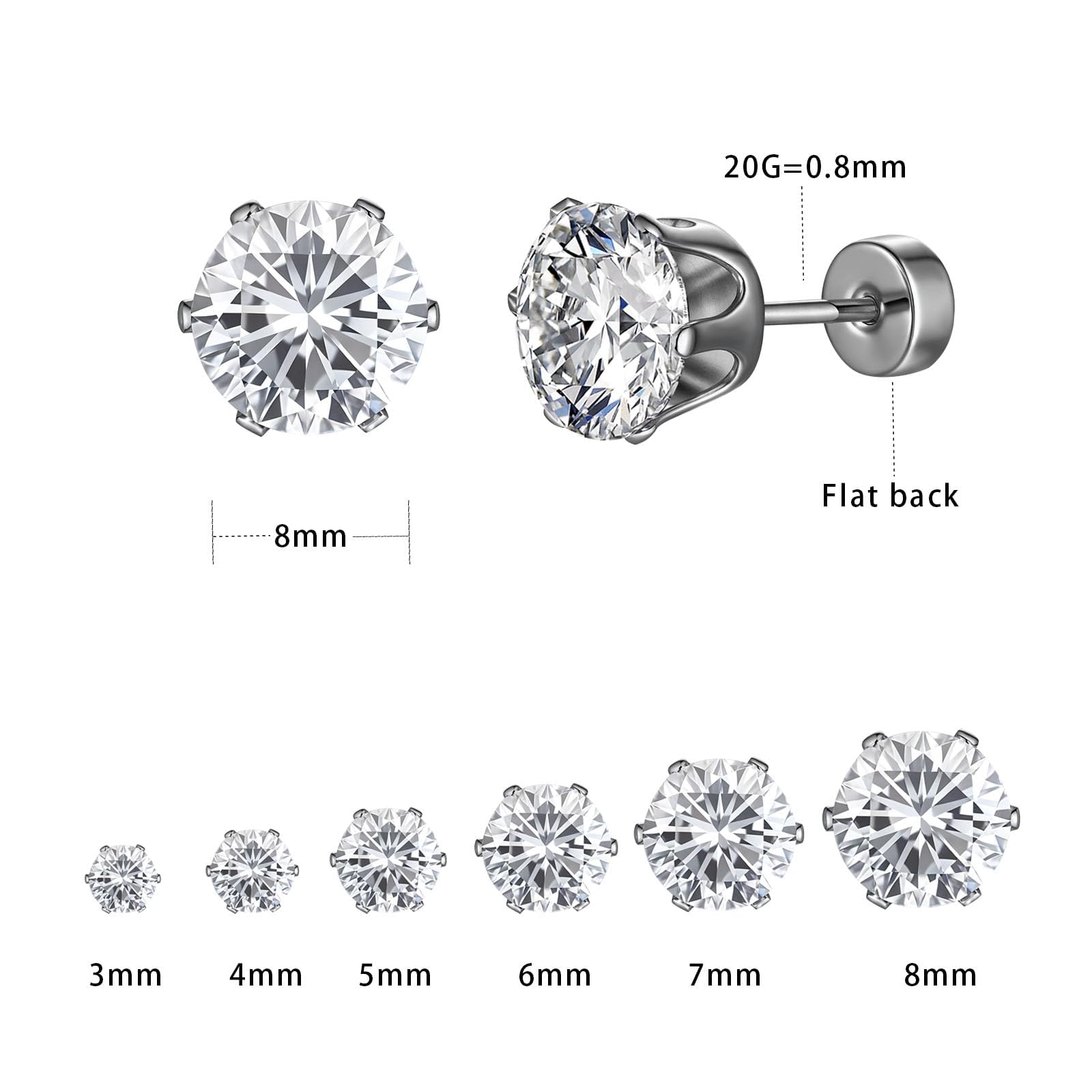 Aretes de tuerca de acero inoxidable con circonita cúbica, hipoalergénicos para mujeres y hombres, aretes de tuerca de titanio 316L sin níquel, modernos y elegantes, Circonita cúbica, Circonia 2