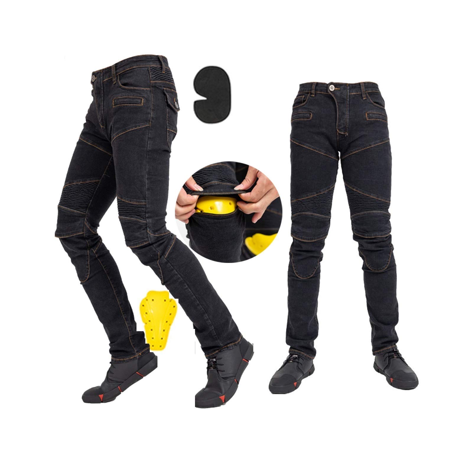 Pantalon Motard Haute Stretch Jeans Moto Homme Équipement De Protection Amovible, Plis Élastiques, Ajustement Solide, Facile À Mettre Et À Enlever (Color : Black A, Size : XXX-Large)
