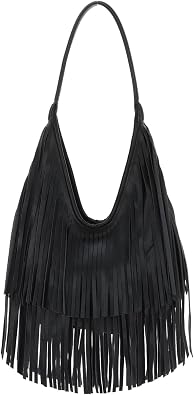 Emprier Fringe Bag for Women Black Tassel Shoulder Bag Western Hobo Purse Vegan Leather Vintage Crossbody Tote Bag