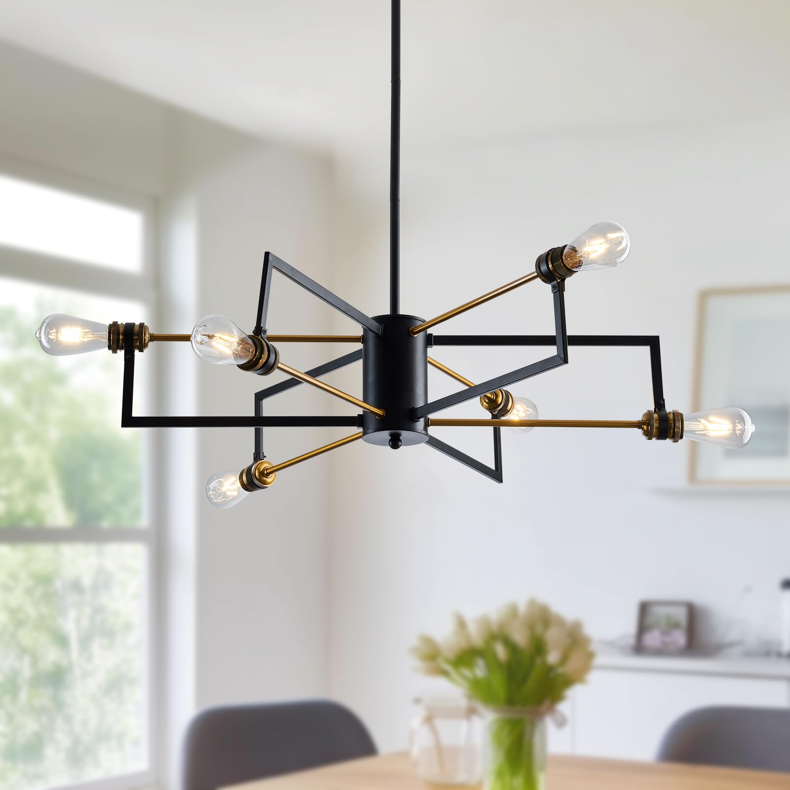 DAFKOS 6 Lights Modern Sputnik Chandelier Black and Gold Mid Century Semi Flush Mount Ceiling Light Fixture Industrial Height Adjustable Pendant Lighting for Dining Room Living Room Bedroom Kitchen