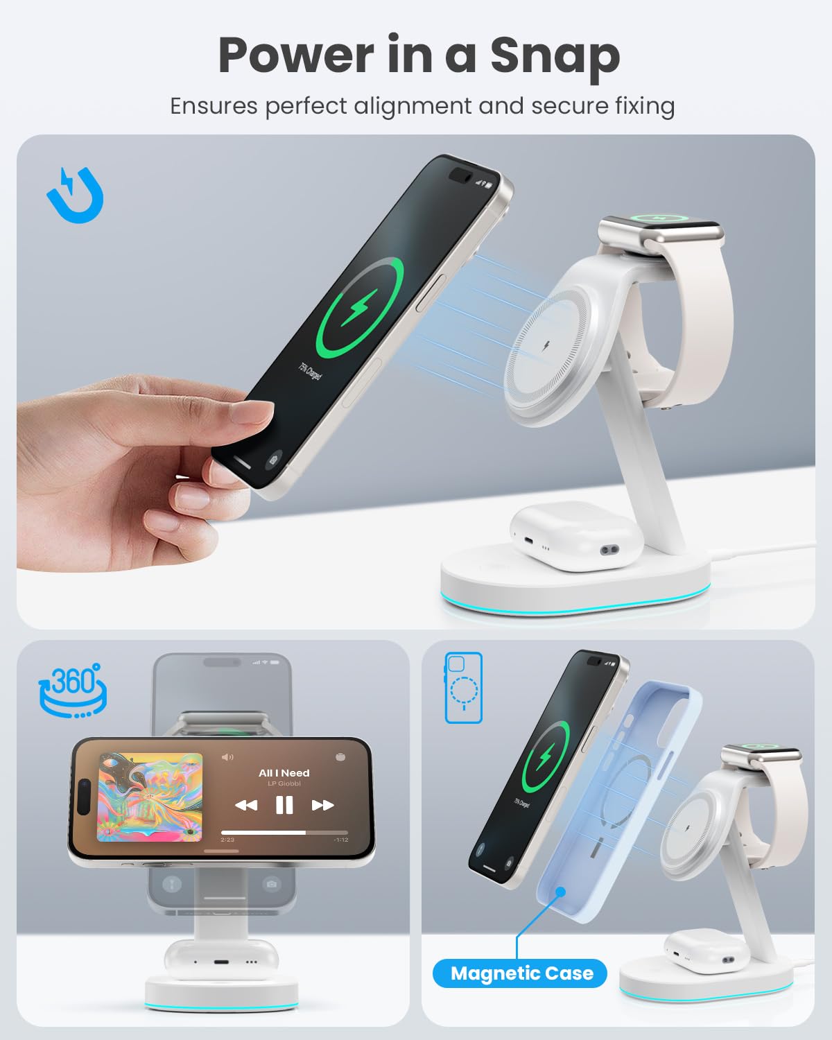 3 in 1 Caricatore Wireless Stazione, Certificato Qi2 15W Mag-safe Ricarica Rapida Caricabatterie Wireless Phone Charger Holder per iPhone 16/15/14/13/12 Serie, Apple Watch, Air-Pods ecc - Bianco