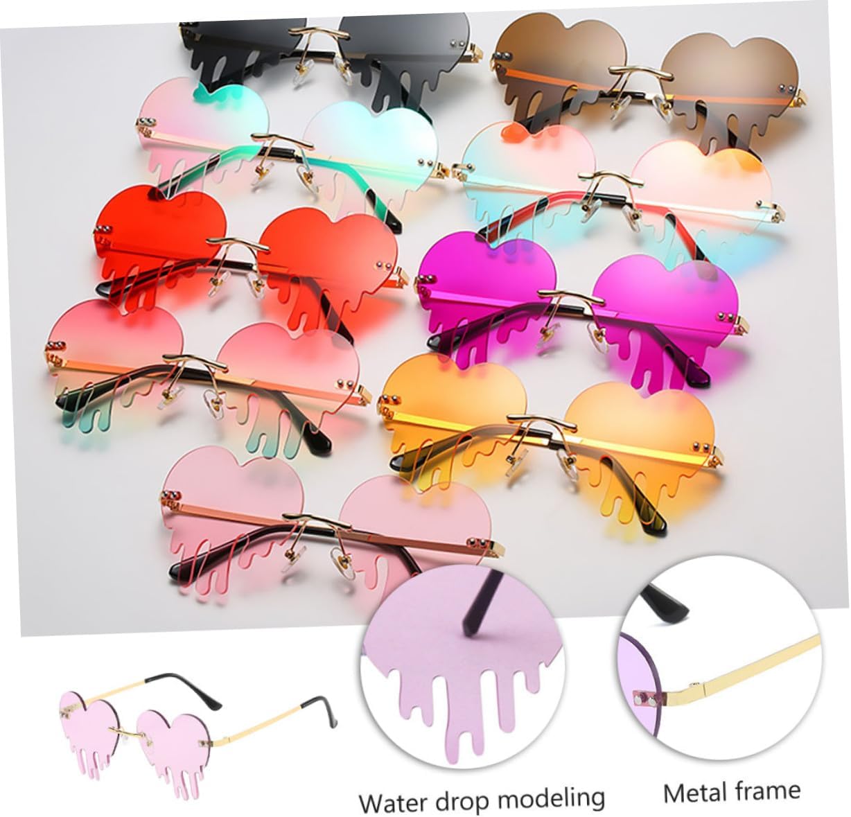 Ciieeo Rimless Heart-shaped Sunglasses for Women Purple Creative Party Eyewear Stylish Beach Glasses