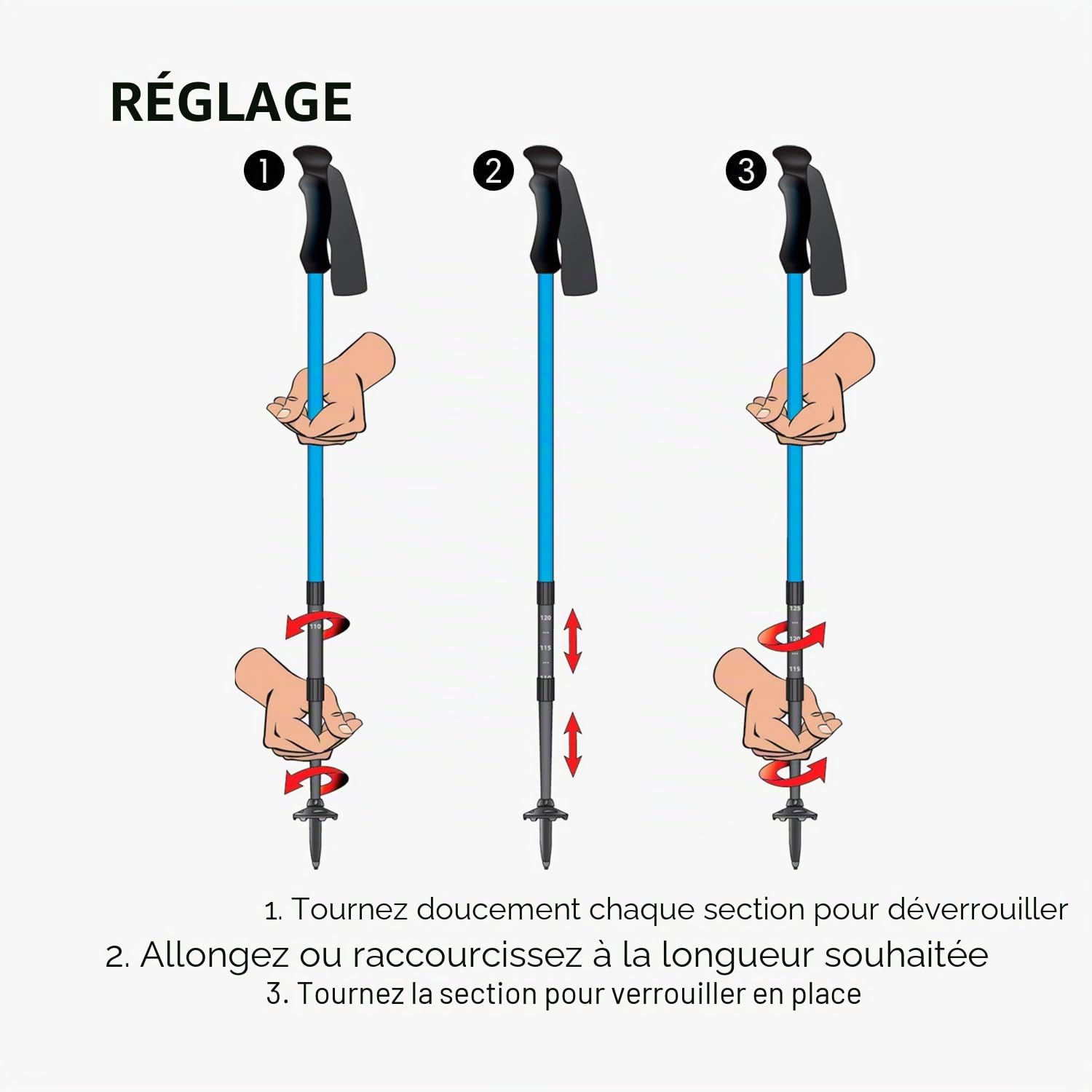 Fizan 3 bâtons de randonnée compacts – Bâtons de randonnée ultralégers de 158,8 g, réglables, Pliables, Ajustement personnalisé, poignées en EVA, Cannes de Marche en Aluminium (Compact 3/Rose)