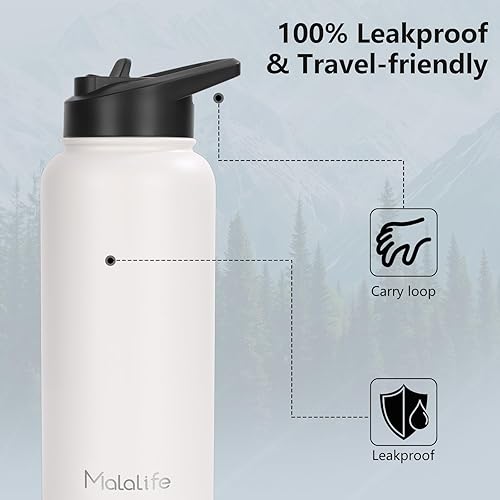 Miniatura 6 de Botella de agua aislada de acero inoxidable, frasco grande, doble pared al vacío, botella deportiva de boca ancha (mantiene el frío 24 horas