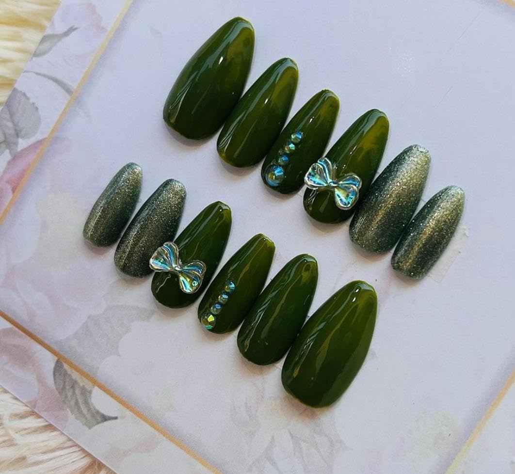 Handmade Almond Shape Artificial Nails - Pack of 12 | Durable & Stylish False Nails | Easy to Apply & Long-Lasting (Green)-image-39