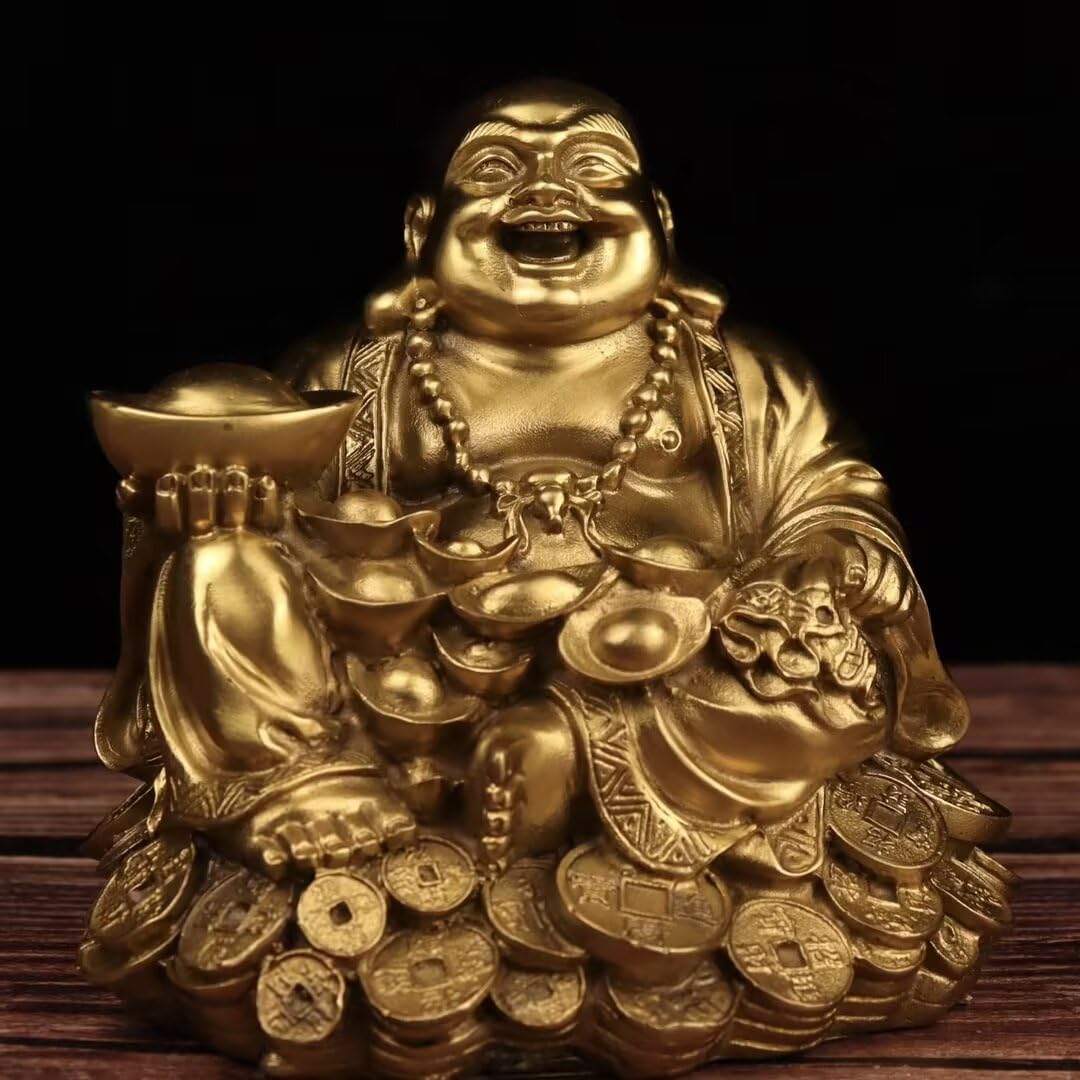 Dytartzx Pure Copper Laughing Maitreya Buddha Statue, Handcrafted Feng Shui Buddha Figurine for Home Office Meditation Decor,