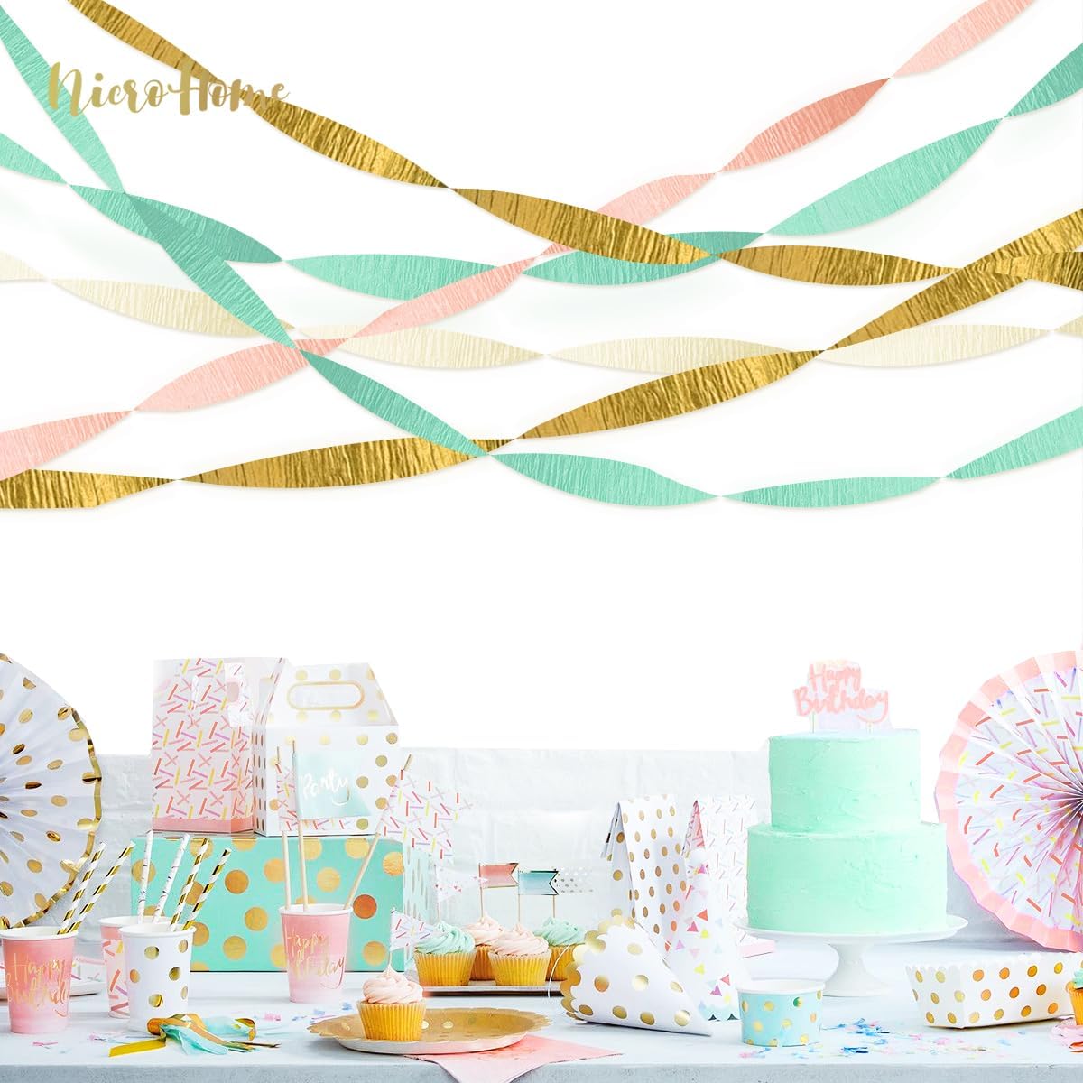 NICROHOME EUR Pastel Party Decorations, 8 Rolls Mint Green Pink White Gold Crepe Paper Streamers for Wedding, Baby Bridal Shower, Engagement Party, Birthday, Valentine's Day, Easter, 82 Ft Long