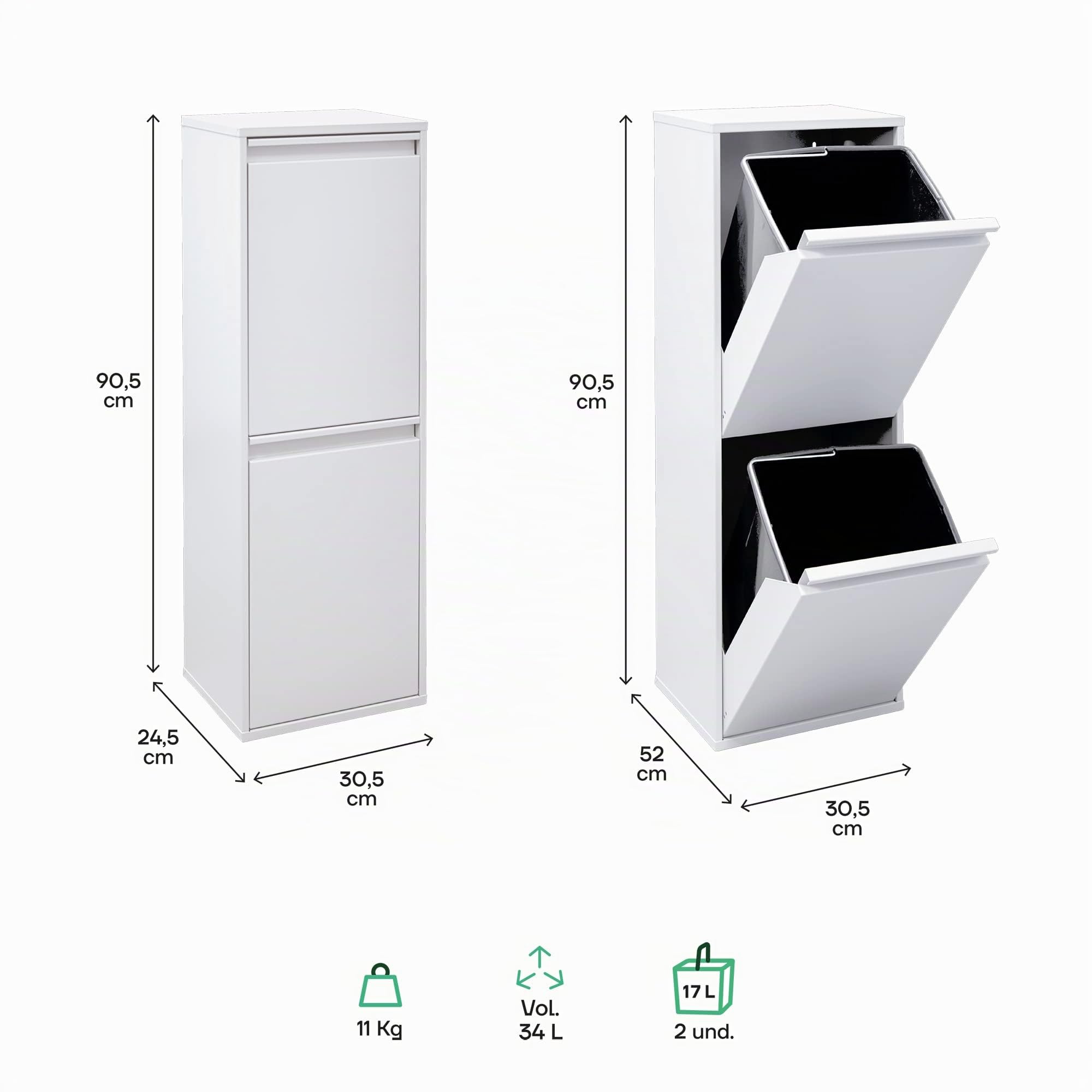 ARREGUI Basic CR201-B Mülltrennsystem aus Stahl | 2 Fächer Mülleimer für die Küche | 2 Fach Abfalleimer | 2x17 L (34L) | Herausnehmbare Inneneimer mit Griff | Recycling Schrank für Mülltrennung | weiß
