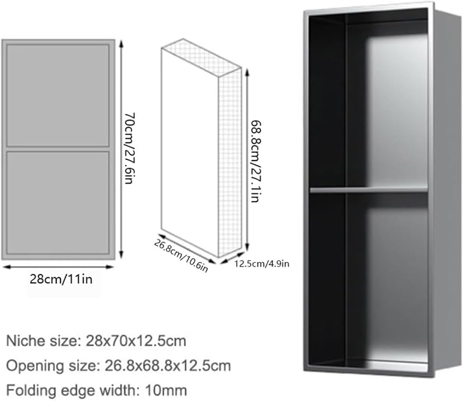 inless - Armario empotrable de acero con LED para pared moderno para baño y cocina (Schwarz, 70 x 28 x 12,5 cm)