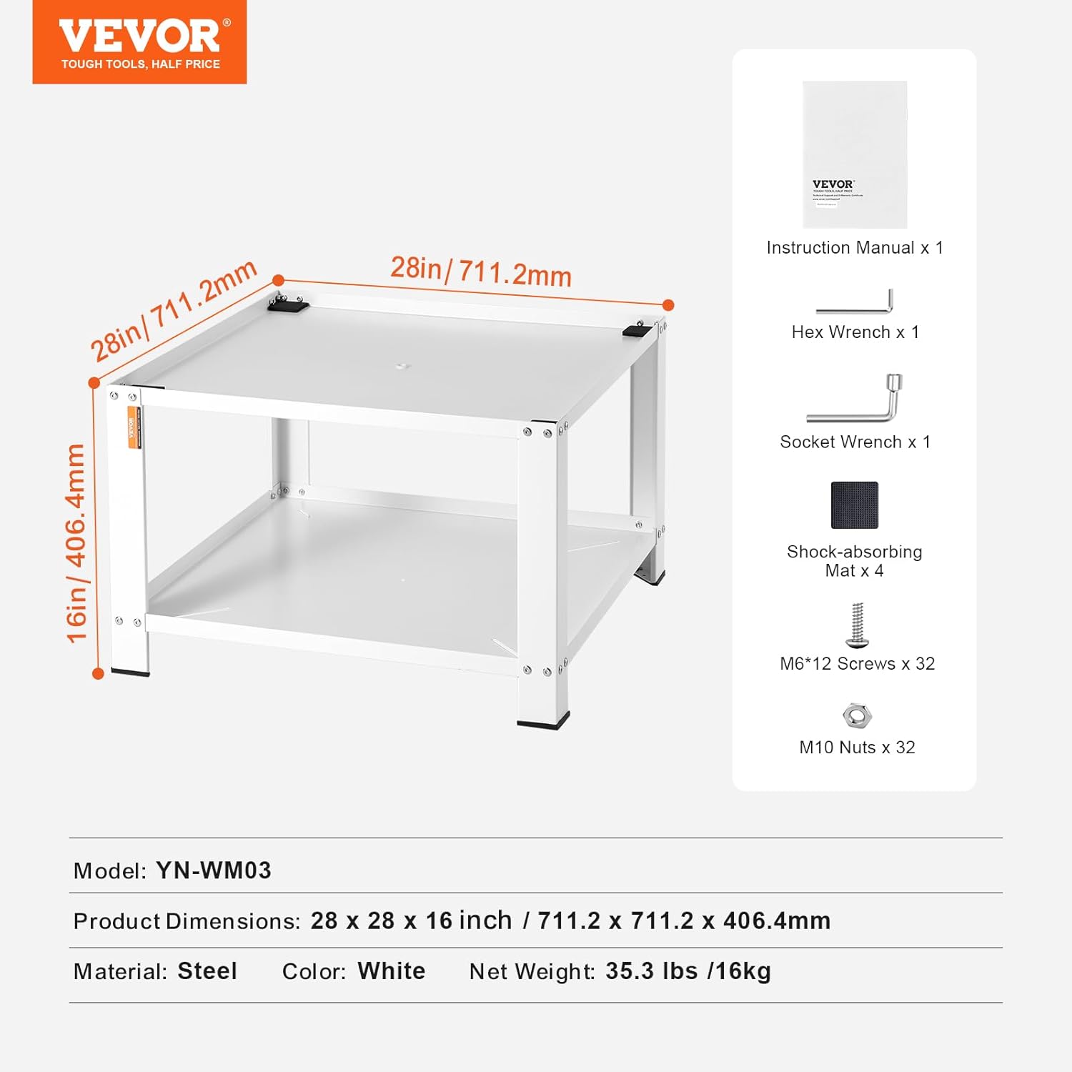 VEVOR Laundry Pedestal with Storage Shelf, 28" Lx28 Wx16 H, Washer and Dryer Stand Base Universal Platform, Fit 660lbs Capacity, Heavy Duty Steel Multi-Functional Base for Washing Machine