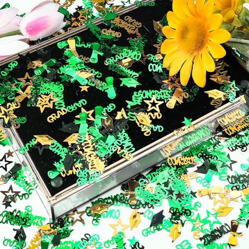 Image of Green Gold and Black Graduation Confetti 2026, 1000 Pcs Congrats Grad Confetti Class of 2026 Party Table Centerpiece for 2026 Graduation Party Decorations