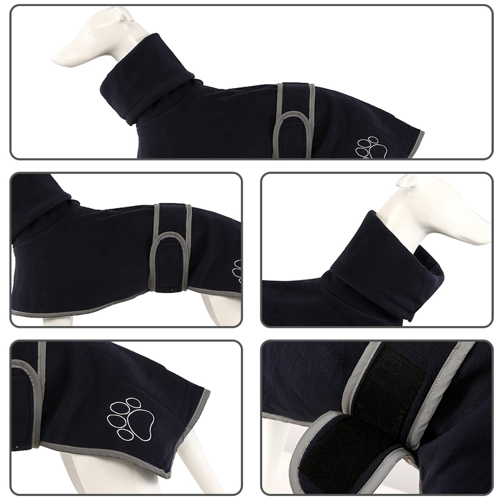 Manteau en Polaire pour Lévrier - Manteau d'Hiver avec Doublure Chaude et Bandes Réglables pour Salukis (Taille L, Bleu Marine)