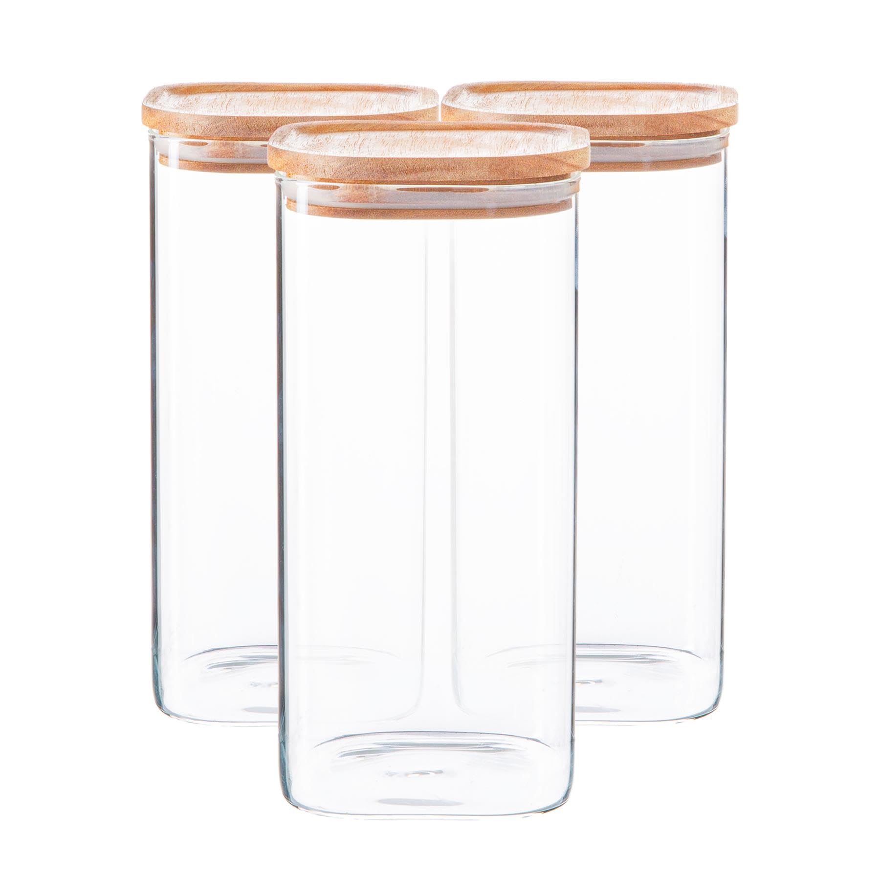 Argon Tableware Square Glass Storage Jars with Airtight Wooden Lids - 1500ml - 6 Pack - Modern Kitchen Container Preserving Jars for Pickling, Chutney, Jam, Coffee, Olives, Sugar, Spices
