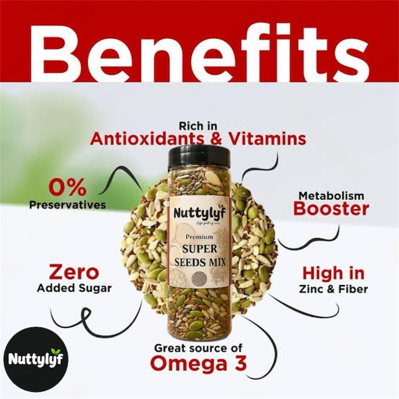 Nuttylyf 100% Natural Crunchy Seeds 5 in 1 Super Seeds Mix For Eating Chia, Pumpkin, flax, sunflower, Cranberry, Watermelon seeds High protein Roasted Diet snacks 200gm (Pack of 1) Reusable Jar 3