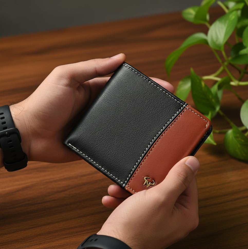 Image of Calfnero Men's Genuine Leather Wallet-Multiple Card Slots ID Window with Coin Pocket- Leather Wallet (Black-Cognac)