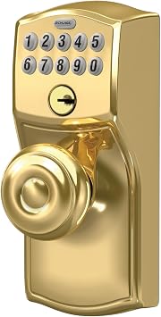 Schlage FE595 CAM 505 GEO Camelot Keypad Entry with Flex-Lock and Georgian Style Knobs, Bright Brass Schlage Lock Company