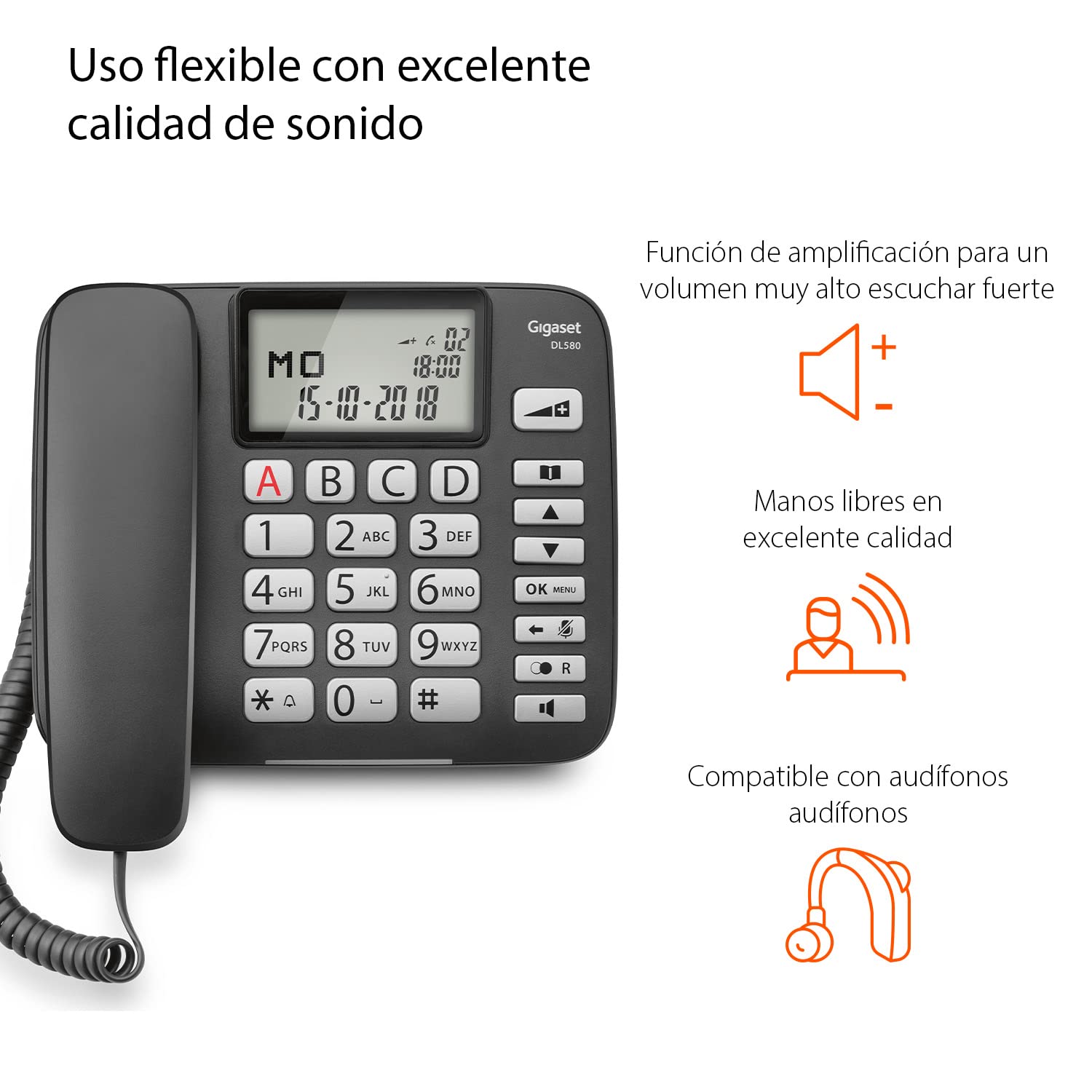 Gigaset DL580 - Teléfono fijo con cable para mayores - Manos Libres - Gran Pantalla de Alta Visibilidad - Compatible con Audífonos - Modo ECO - Color Negro