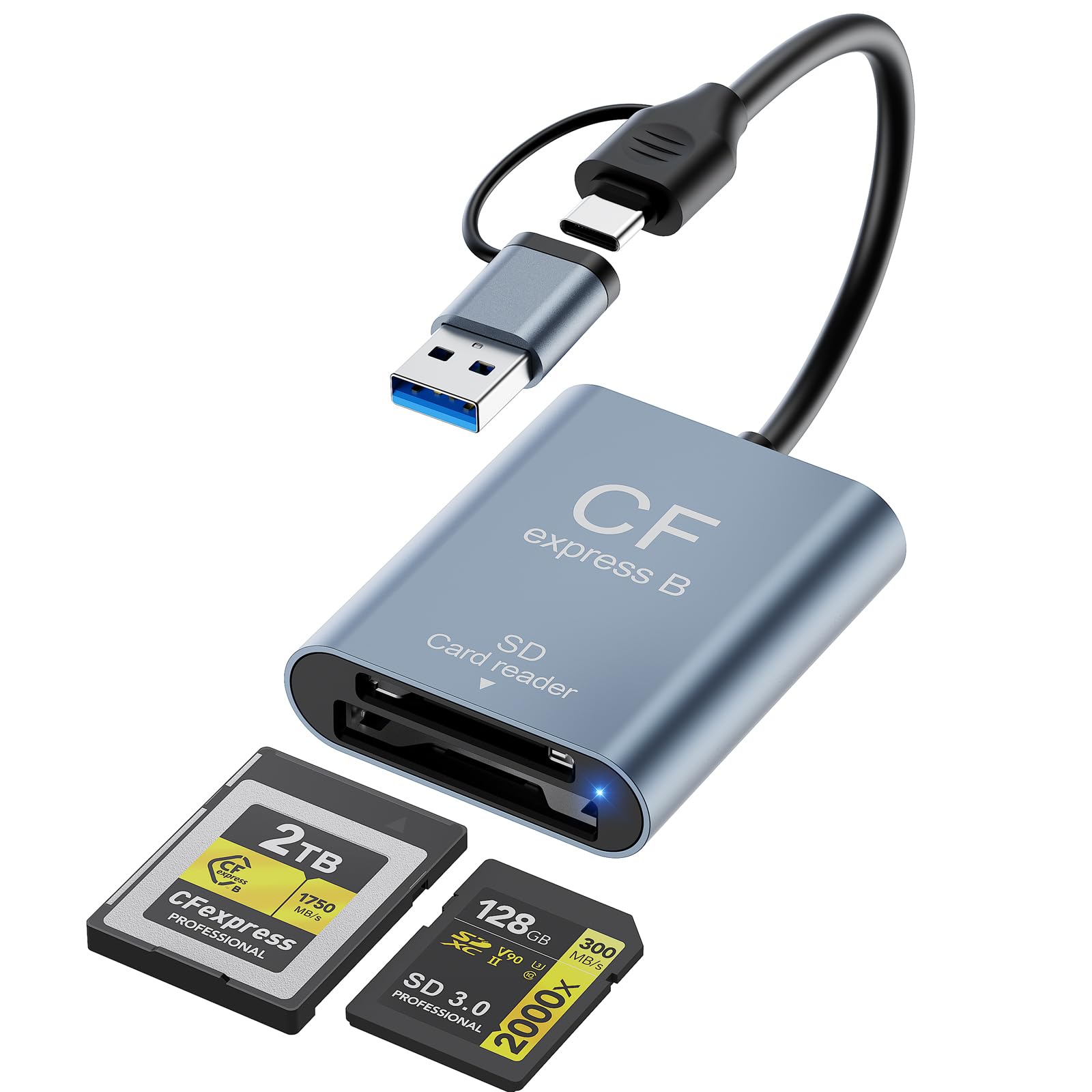 Lettore di schede CFexpress 2 in 1 tipo B e SD USB3.2 Gen2 10 Gbps, in alluminio USB-C + USB-A CFexpress tipo B, lettore di schede di memoria CF Express di tipo B, lettore di schede SD per PC, Windows