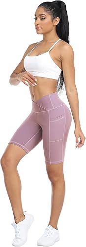 Miniatura 4 de WHOUARE Paquete de 4 pantalones cortos de yoga con bolsillos para mujer, cintura alta, atléticos, correr, entrenamiento, gimnasio, control de abdomen