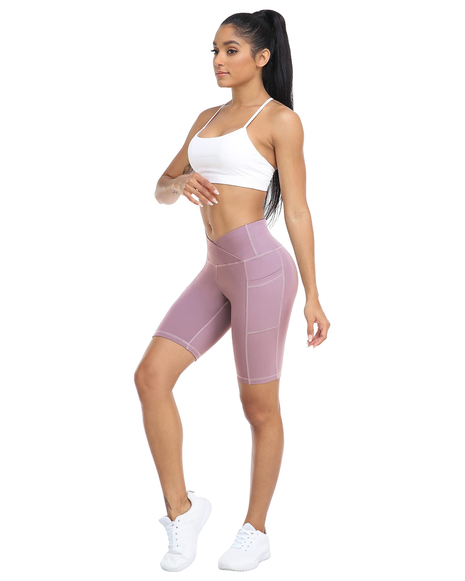 WHOUARE Biker-Yoga-Shorts mit Taschen für Damen, hohe Taille, athletisch, Laufen, Workout, Fitnessstudio, Bauchkontrolle, 4 Stück