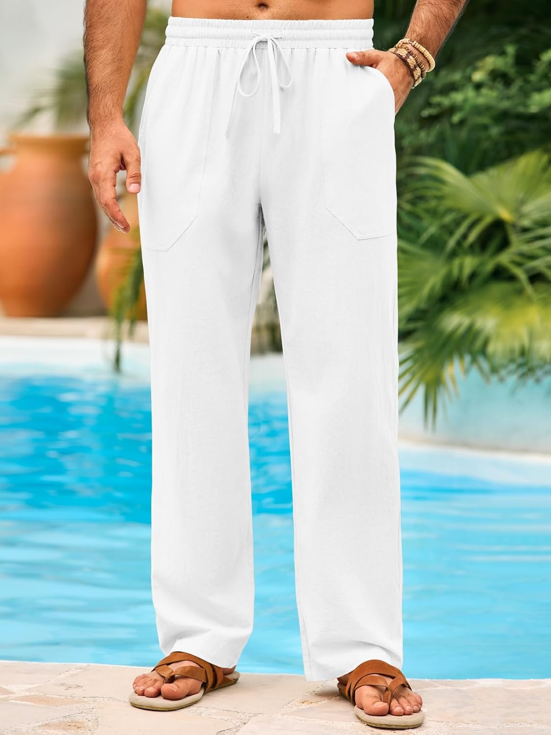 Runcati Mens Casual Pants Linen Drawstring Elastic Waist Loose Fit Straight Leg Pants Summer Beach Vacation Yoga Trousers - Image 2