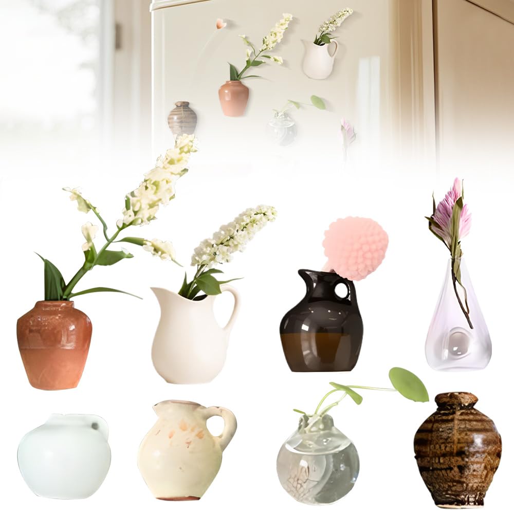 Mini wazon na lodówkę, 2025, nowy mini wazon ceramiczny, magnesy na lodówkę, wazony na pąki, ceramiczny, 3D, zabawne, akcesoria do lodówki, dekoracja kuchni, biura, 8 szt