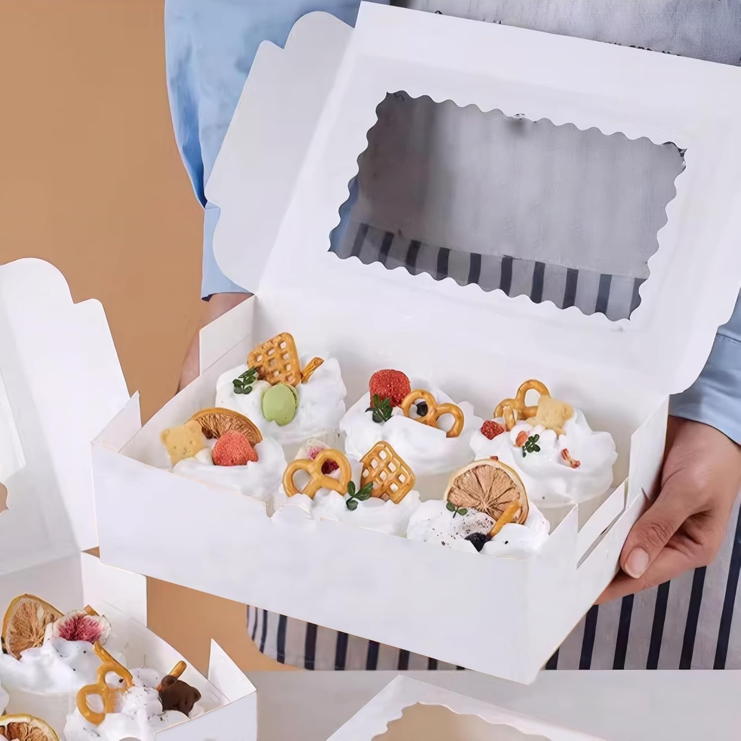 MUMULULU 7PCS 12×8×2.5 White Bakery Boxes with Window Cookie Boxes Treat Boxes for Desserts Cupcakes Muffins Donut Chocolate Strawberry