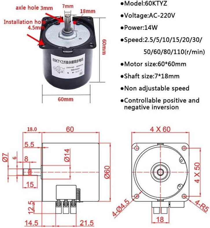 Electronic Components Motor Permanent Magnet Synchronous Motor 60KTYZ Speed Reducer Motors AC220V 14W Controllable Positive and Negative Inversion (Speed : 30rpm)