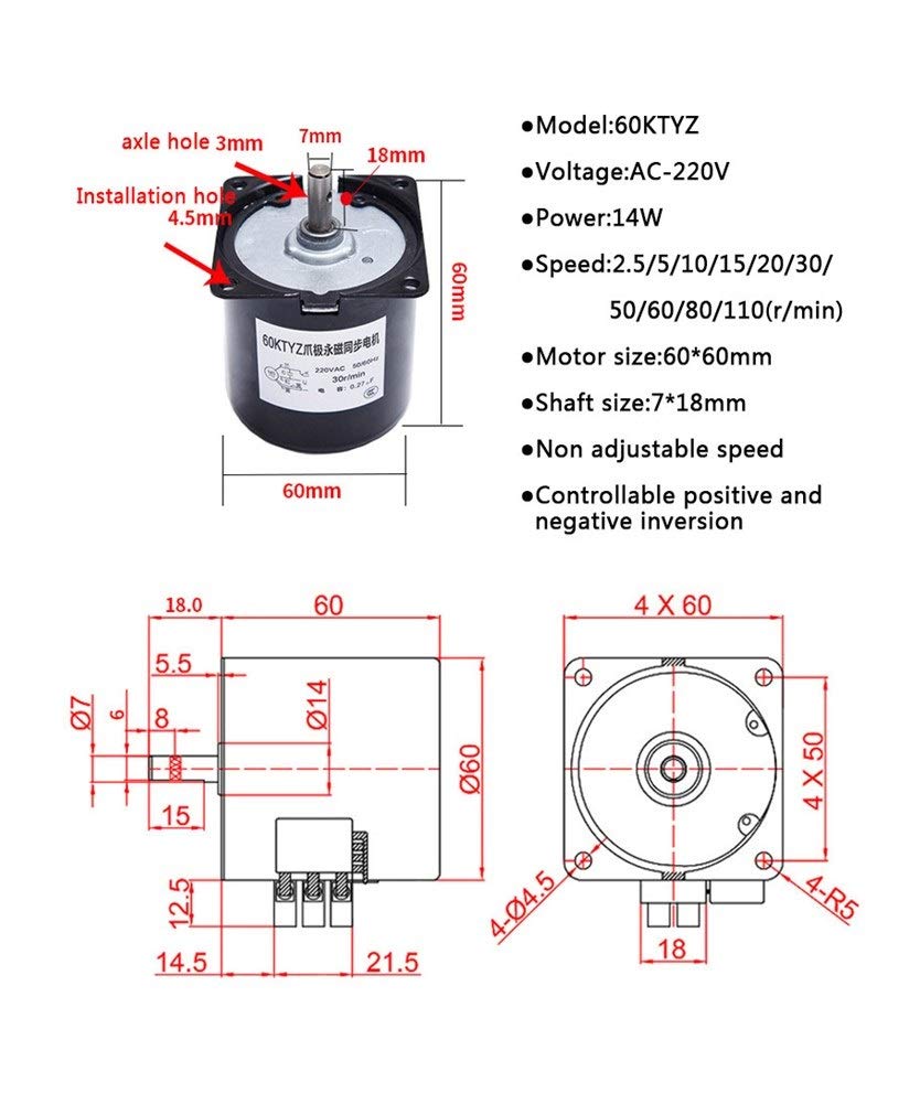 Electric Small Motor Permanent Magnet Synchronous Motor 60KTYZ Speed Reducer Motors AC220V 14W Controllable Positive and Negative Inversion (Speed : 20rpm)