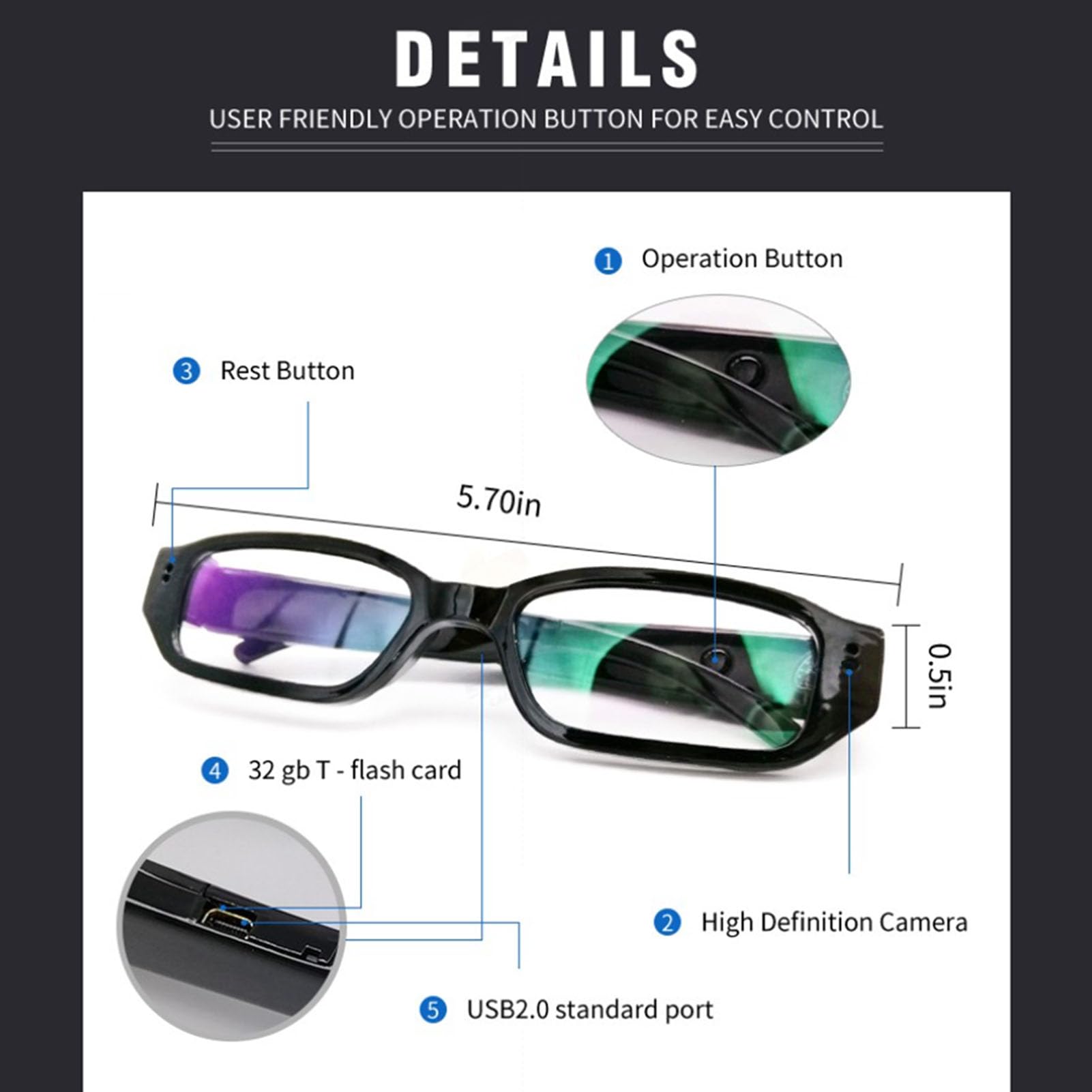 Gafas para Cámara, Grabación Vídeo HD 1080P, Lente Gran Angular Antivibración Inteligente, con Cable Transferencia USB, para Ciclismo, Deportes, Actividades Al Aire Libre