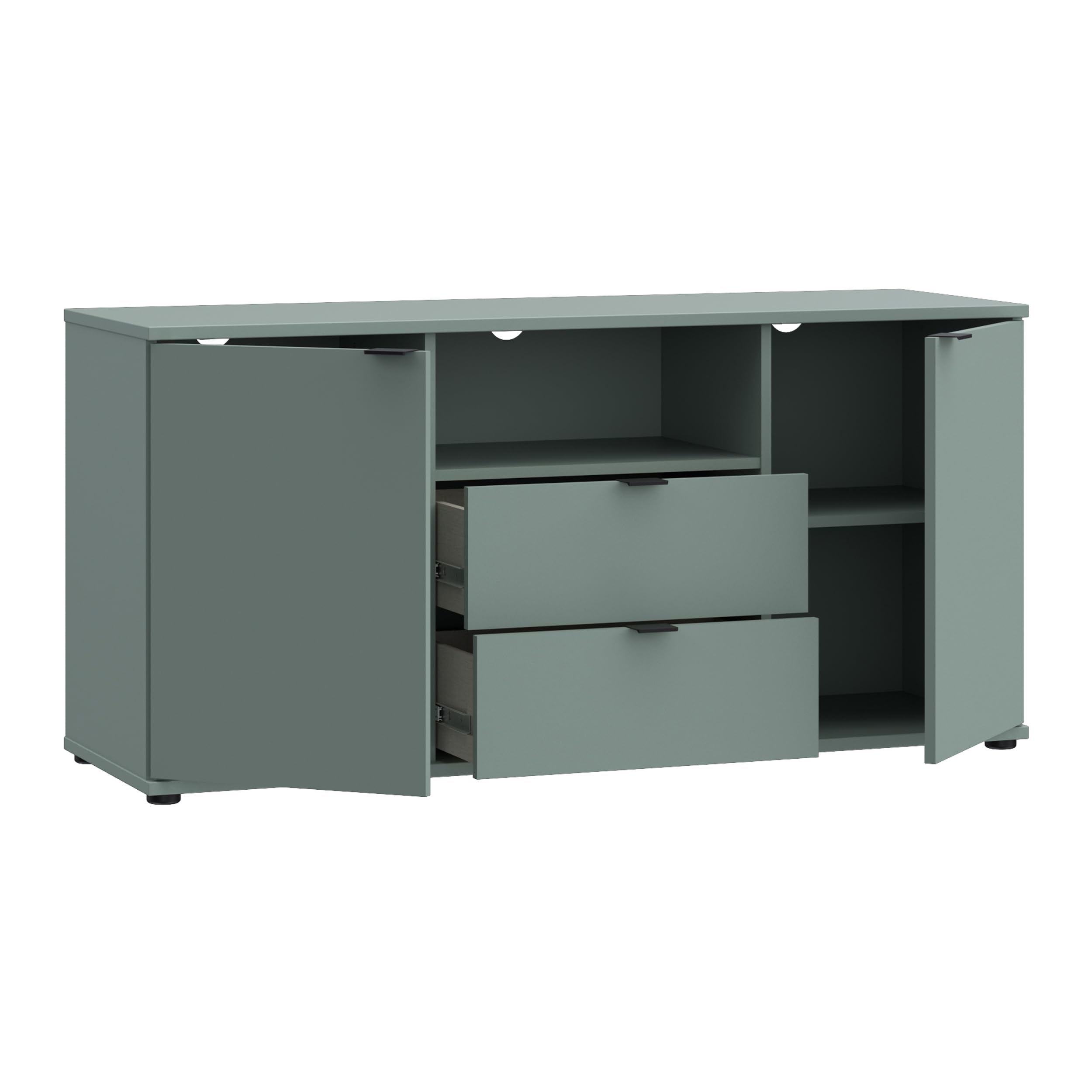 Forte Ganymede TV-Schrank 130, minimalistisches Lowboard, 2-türig, 2 Schubladen, offenes Fach, Holzwerkstoff, Wohnzimmer, Salbei, 129,8 cm breit x 63,1 cm hoch x 41,3 cm tief