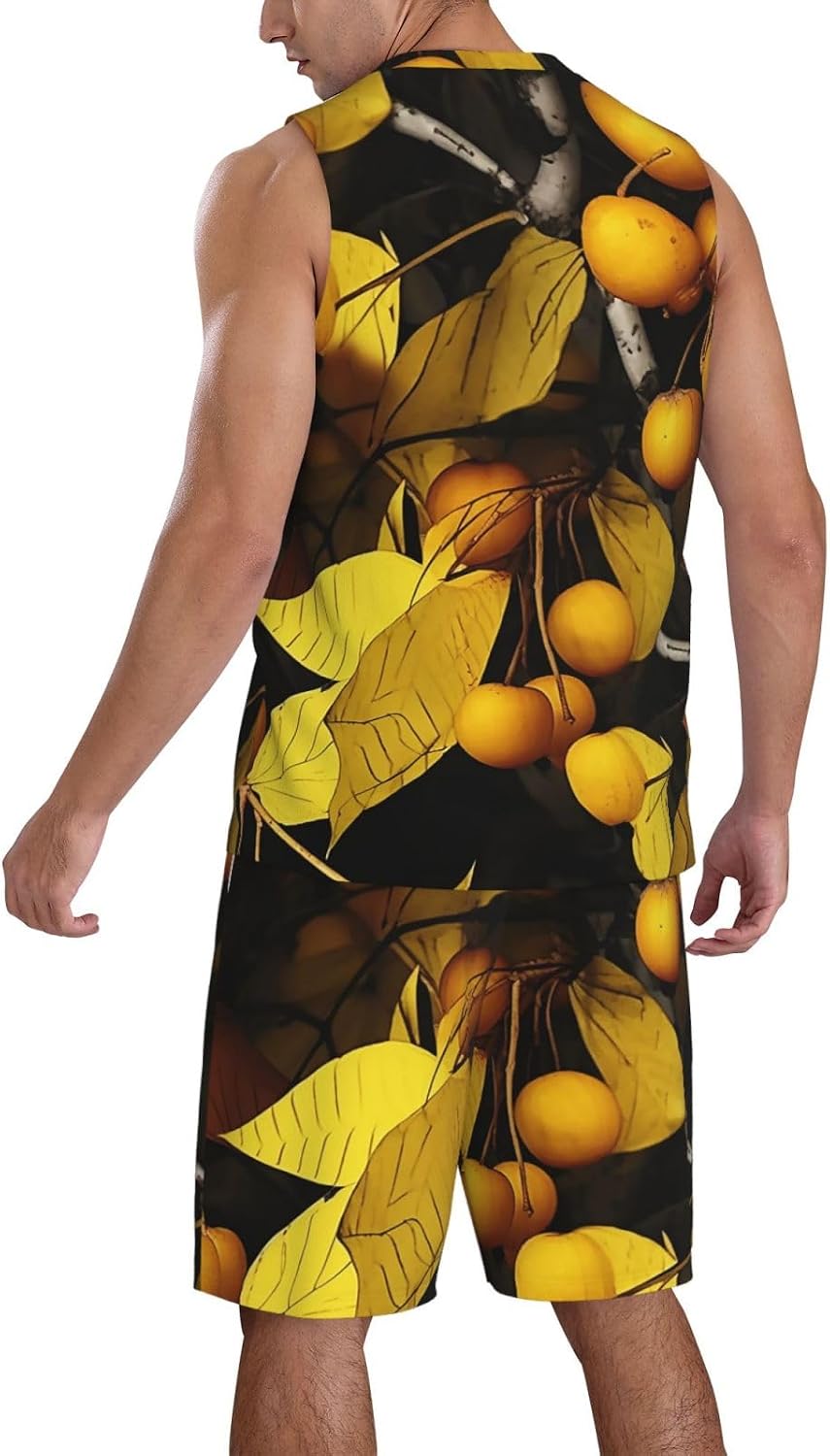 Mens Basketball Jerseys Yellow Leaves and Fruits Uniform Suit Mesh Sports Jersey Outfits T-Shirt and Short Sets