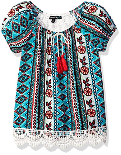 My Michelle Girls' Big Short Sleeve Peasant Blouse with Crochet Hem and Tie Front with Tassels