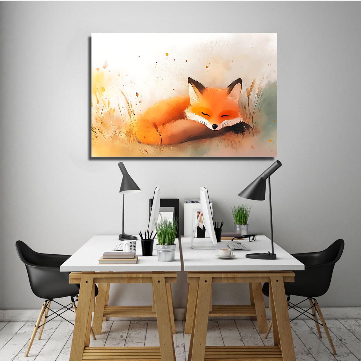CHERHERART Portraits d’animaux rouges Œuvres d’art imprimées Décoration intérieure Toile Peinture murale Peintures mignonnes de renard endormi Affiche pour chambre de bébé 80x135cm sans cadre