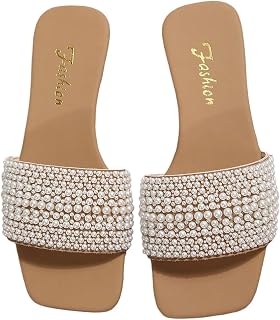 OYOANGLE Women's Pearl Square Toe Sandals Open Toe Flat Slip On Slides