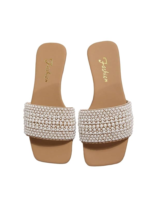 OYOANGLE Women's Pearl Square Toe Sandals Open Toe Flat Slip On Slides by OYOANGLE - Used condition - US$28.49