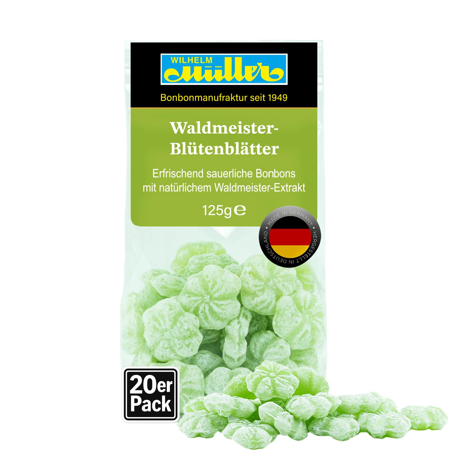 WILHELM Müller Waldmeister Bonbons in Blütenform - Retro Fruchtbonbons - Bonbons mit Waldmeister Geschmack - Im praktischen Beutel aus Deutschland - 2500g
