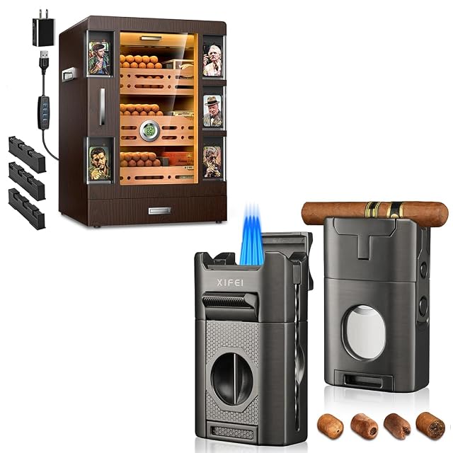 XIFEI 6-in-1 Desktop Cigar Lighter and Cigar Humidor Cabinet with 5 Acrylic Display Cases Adjustable LED Lighting