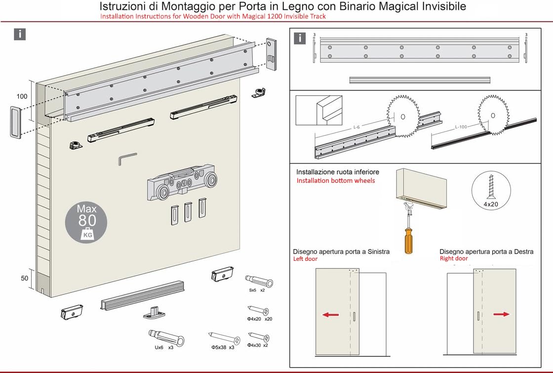 Porte Italiane, Porta Bianca Scorrevole Esterno Muro Fresato con Binario Invisibile MAGICAL 1200, Senso di Apertura Reversibile, Pronta all'Installazione, 90x230 cm, con Maniglia Argento Semi-Lucido