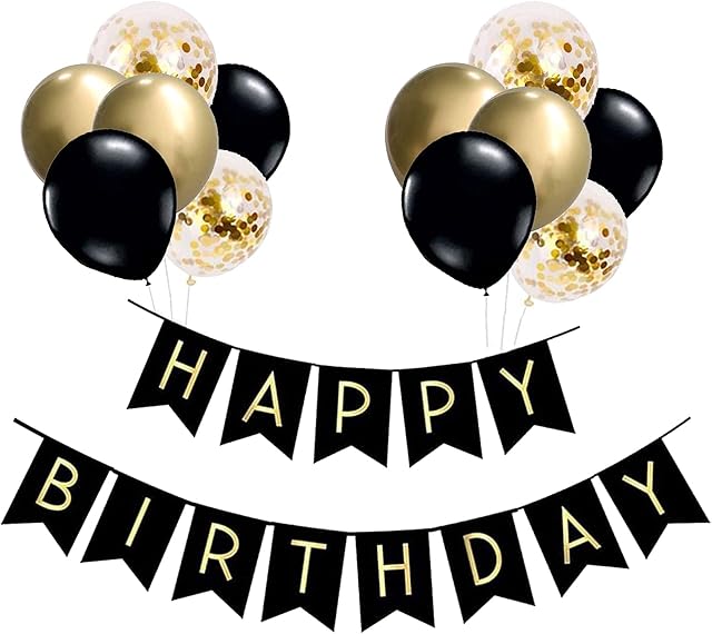 Happy Birthday Banner, Black Gold Party Decorations Happy Birthday Bunting Banners, 12 inch Happy Birthday Balloons Perfect for Birthday Party Decorations
