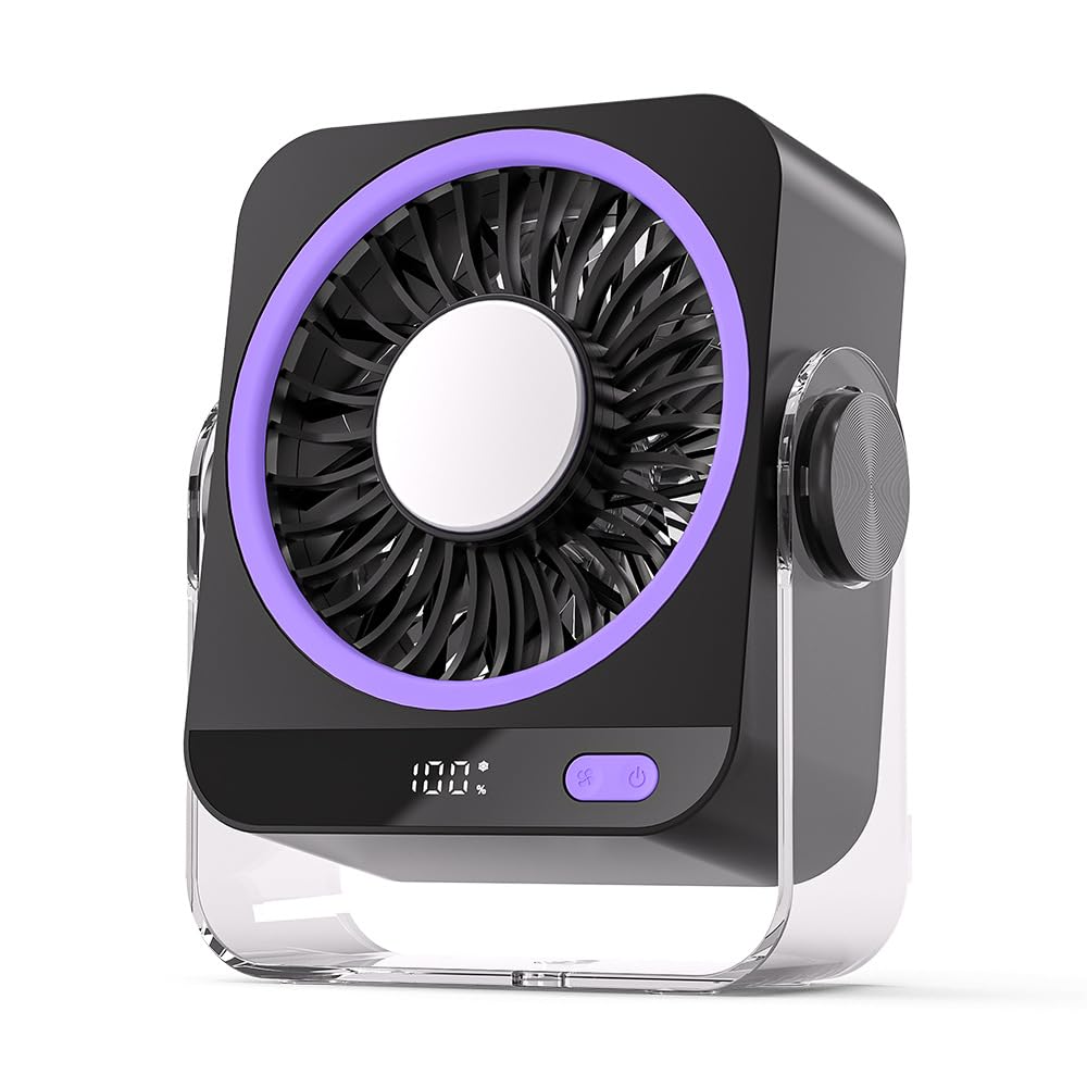 Ventilateur de Bureau USB, 5 Vitesses, Mini Ventilateur Silencieux avec Flux D'air Turbo, 3600mAh Rechargeable, 7 Pales, Écran LED, Pour Chambre, Bureau, Domair, Cuisine (Gris)
