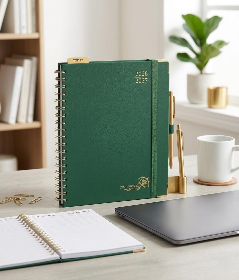 POPRUN Agenda settimanale 2026-2027, 25,4 x 20,3 cm, calendario settimanale e mensile | Agenda giornaliera da luglio 2026 a giugno 2027, con calendario orario, schede, copertina rigida, verde scuro