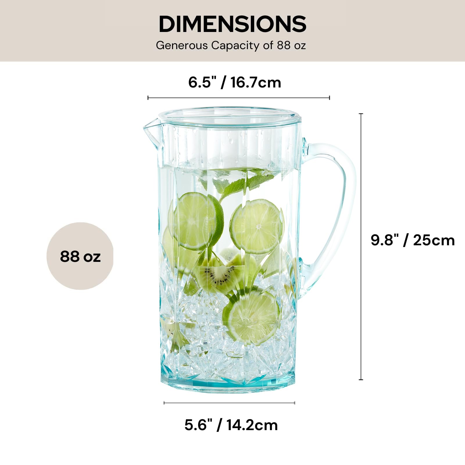 BELLAFORTE Jarra de agua de plástico Tritan inastillable con tapa, Myrtle Beach, jarra de agua irrompible de 88 onzas con asa, perfecta para jugo de naranja, té helado y bebidas, apta para