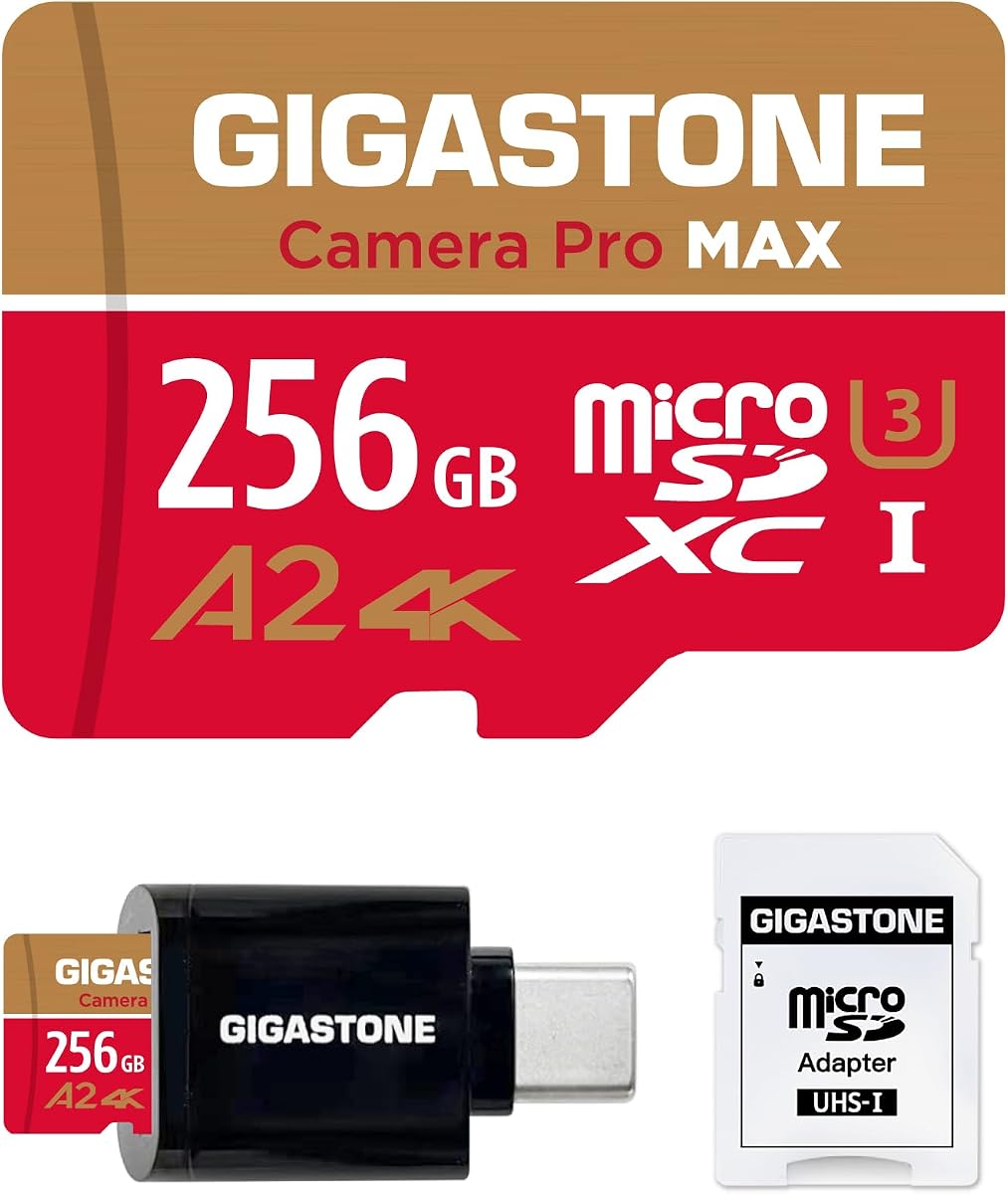 【5-Years Data Recovery】 GIGASTONE 256GB Micro SD Card with USB 3.2 Type C Card Reader, 4K Camera Pro MAX, Speed Up to 170MB/s Compatible with Gopro, DJI, Dash Cam, MicroSDXC UHS-I A2 V30 U3