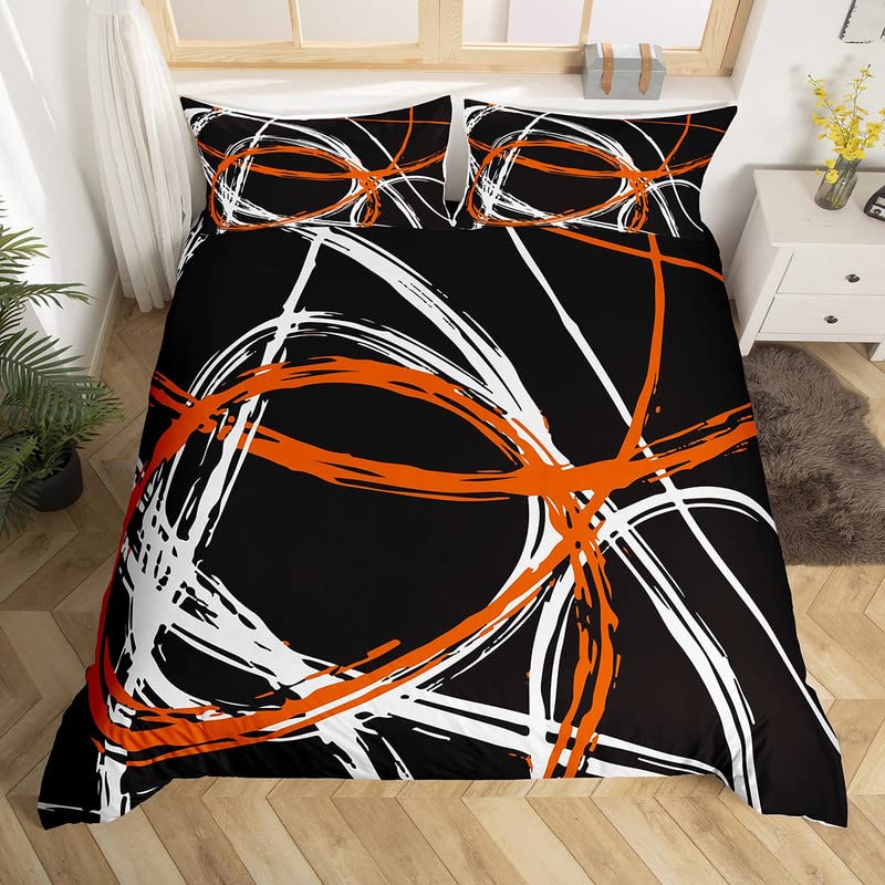 Retro Circle Bedding Duvet Cover Set Single Orange Black White Stripes Bedding Set for Kids Boys Girls Abstract Art Decor Comforter Cover Set Microfiber Bedspread Cover Bedroom Bedclothes