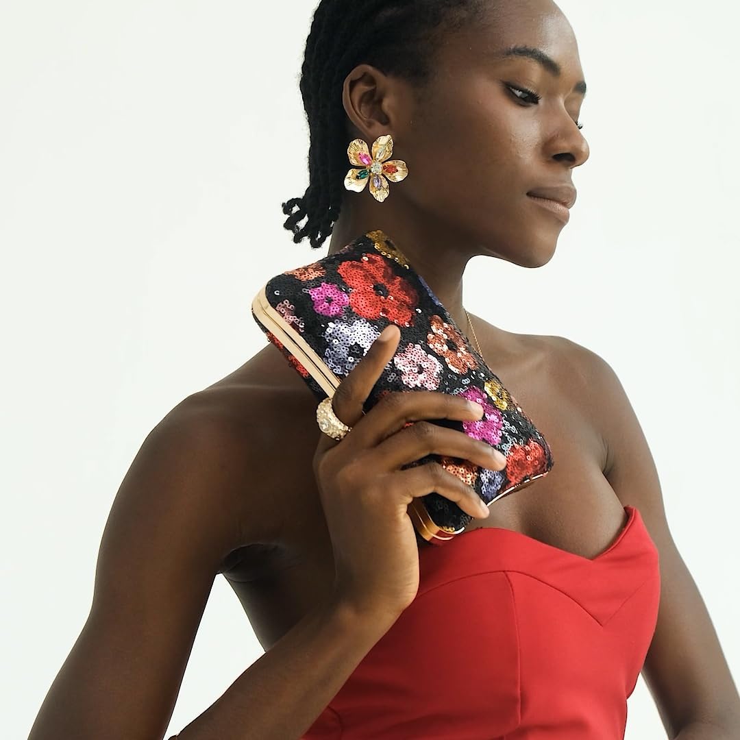 Sequin Clutch Bag for Women, Blue Floral Embroidered Evening Purse with Wooden Base, Top Handle & Removable Chain