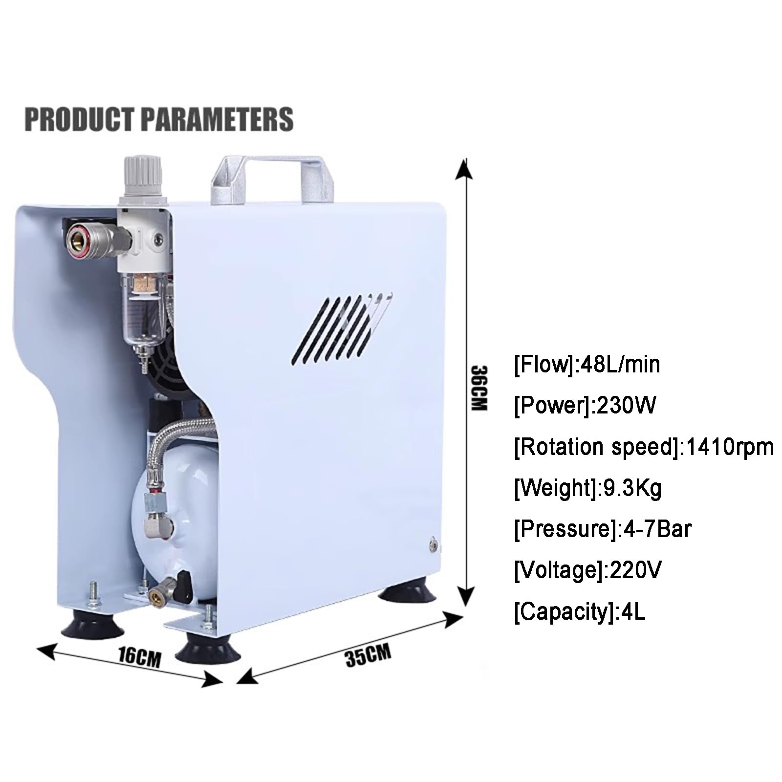 Compresor de aerógrafo, sin aceite con tanque de 4 litros, regulador, trampa de humedad, caudal de 48 l/min, ideal para pasatiempos, pintura y maquillaje