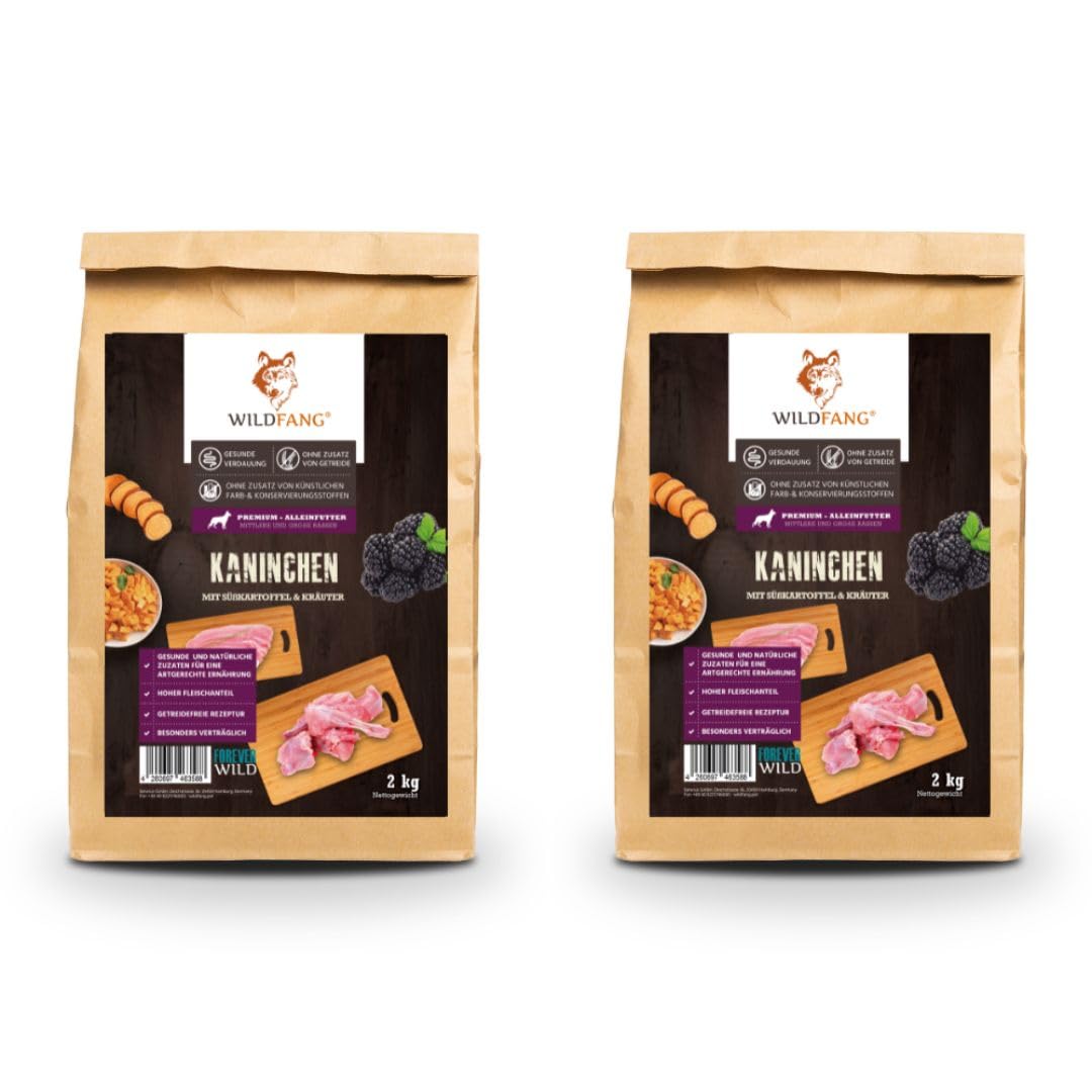 Wildfang® Karma Sucha dla Psa Dorosłego 6 kg – Premium karma dla psa z królikiem, bez zbóż i glutenu, naturalne składniki, bez dodatku cukru, dla psów dorosłych i seniorów – Opakowanie 2 szt.