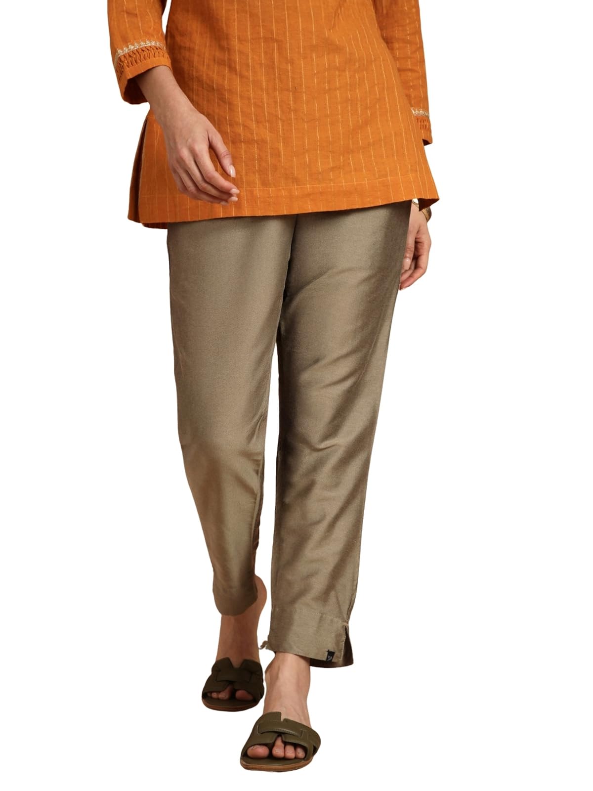 TWIN BIRDS Mid-Rise Solid Metallic Straight Pants with Functional Pockets for Women